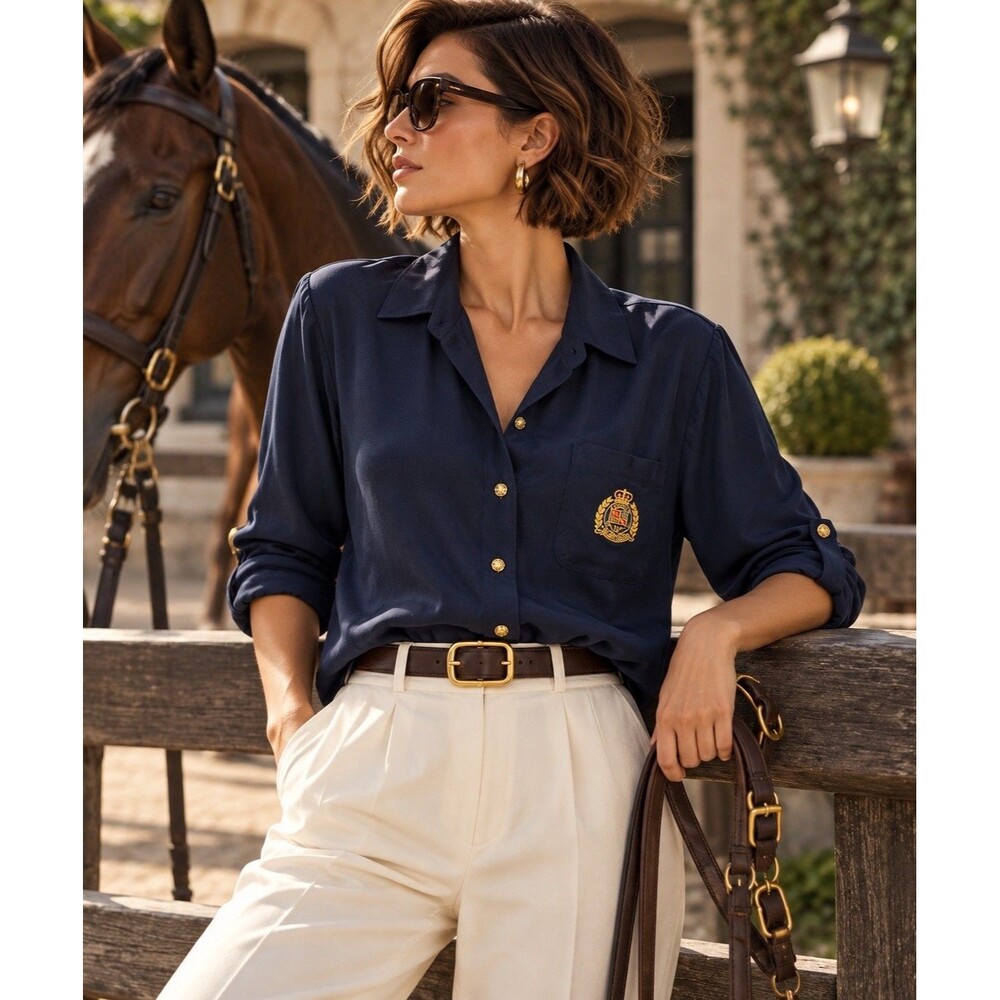 Lauren Ralph Lauren 100% Silk Navy Blouse Gold Crest Buttons Roll Tab Sz L